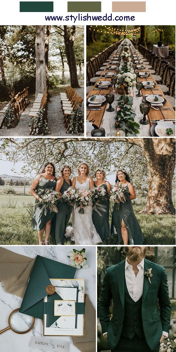 a collage of photos with green and white wedding colors