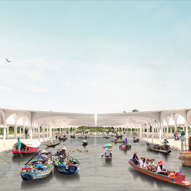 Rejuvenating the street markets of Vietnam. Port Architecture, Transport Hub, Floating Architecture, Urban Intervention, Food And Culture, Floating Market, Architecture Competition, Concept Models Architecture, Large Umbrella