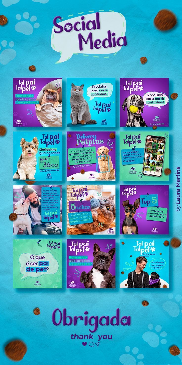 an advertisement for social media with dogs and cats on it's back cover, in blue