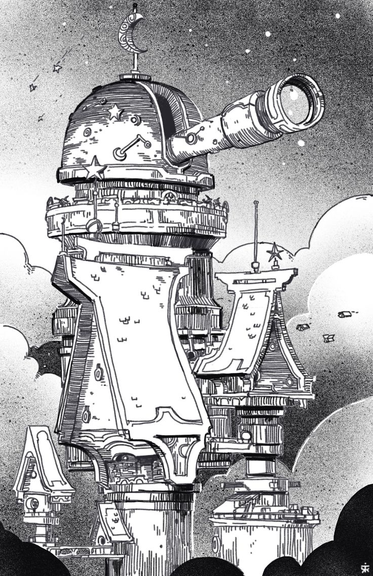 a drawing of a large building with a telescope on it's top and stars in the sky above