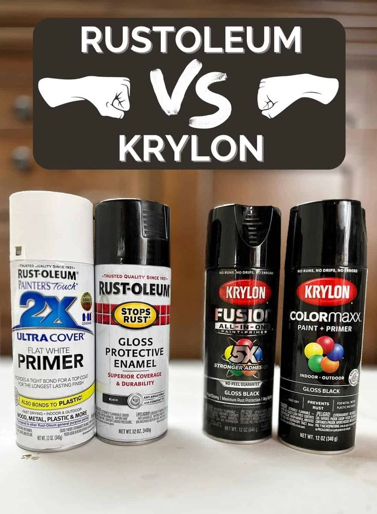 two spray cans and one can of rustoleum next to each other with the words rustoleum vs krylon on it