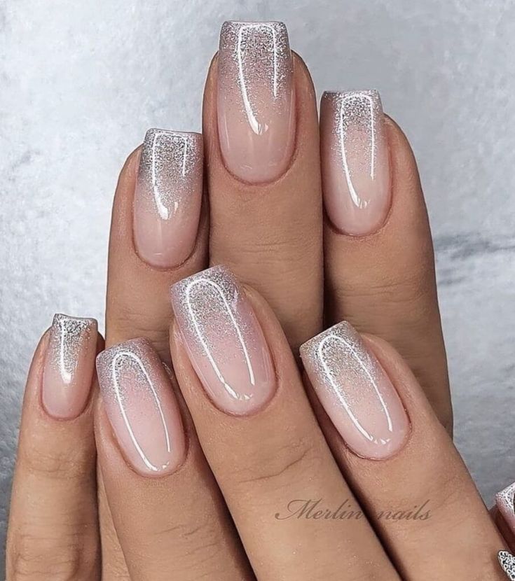 Elegant Nail Ideas for Your Wedding Day Nude And Silver Acrylic Nails, Nude Silver Nails, Reception Nails, Nude And Silver Nails, Frosted Nails, Silver Sparkly Nails, Engagement Nails, White And Silver Nails, Formal Nails