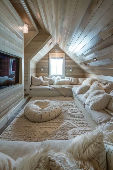 an attic bedroom with white bedding and pillows on the floor, along with a flat screen tv