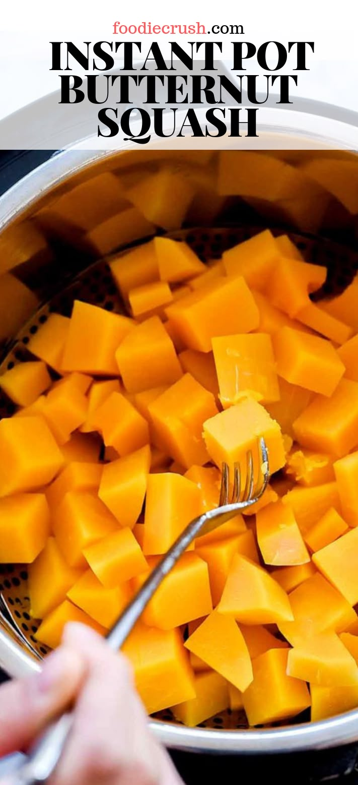 a person holding a fork over a pot full of butternut squash with the words instant pot butternut squash above it