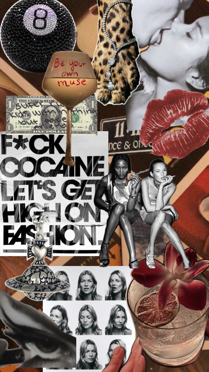 a collage of photos and text that says f k occhiine lets get high on fashion