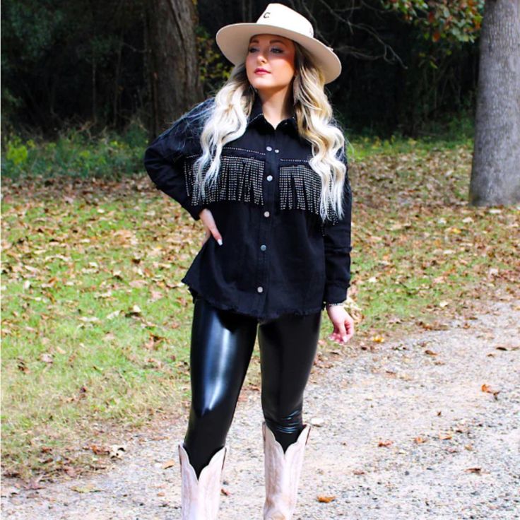 Black Sequin Fringe Shacket, Never Worn! Leather Pants With Cowboy Boots, Cow Girl Outfit Black Women, Nashville Outfits Plus Size, Curvy Western Outfits, Country Casual Outfits, Plus Size Western Outfits Woman, Plus Size Western Outfits, Black Western Boots Outfit, Black Western Outfit