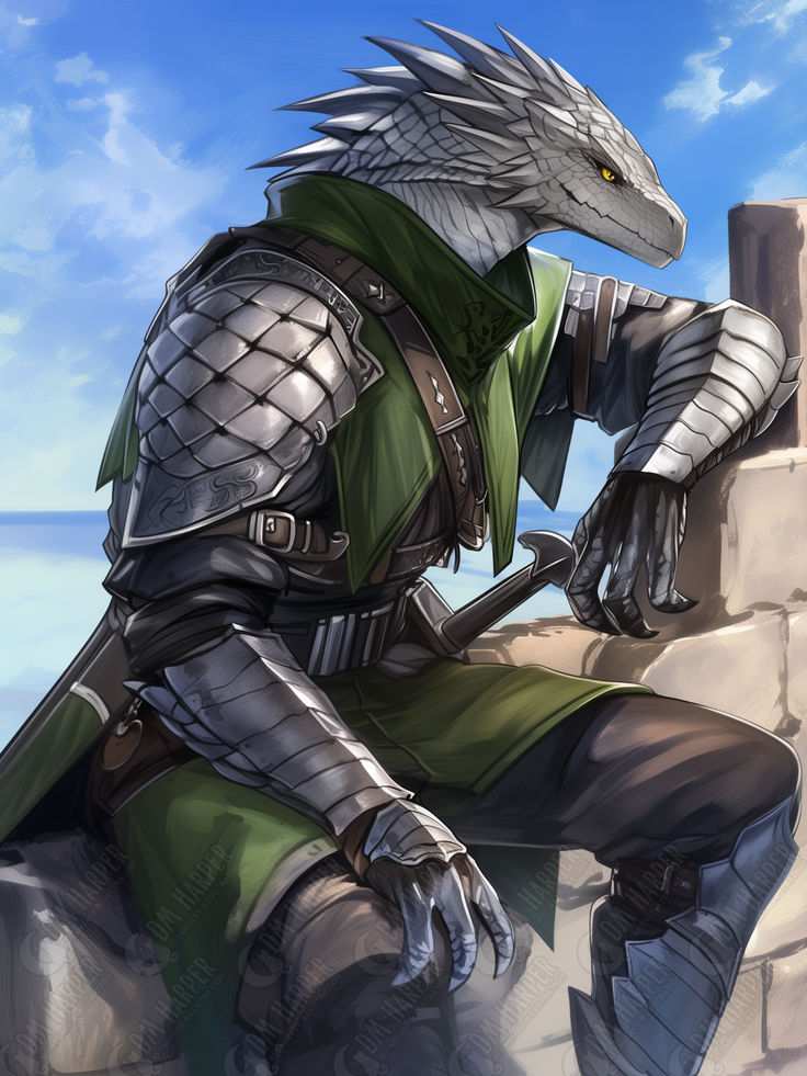 an image of a man in armor sitting on a wall with a dragon like head