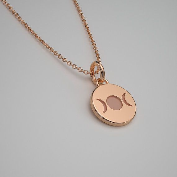 Triple Goddess Tiny Charm Necklace - Solid 14k Rose Gold Neopagan, Pagan Pendant. 10mm Disc. TINY TALISMANS™ Line of Spiritual Jewelry Spiritual Rose Gold Sterling Silver Charm Necklaces, Spiritual Rose Gold Sterling Silver Charm Necklace, Spiritual Rose Gold Charm Necklaces With Round Pendant, Symbolic 14k Gold Necklace With Moon Charm, Celestial Rose Gold Necklace With Moon Phase, 14k Gold Moon Charm Necklace, Celestial Rose Gold Moon Phase Necklace, Rose Gold Celestial Necklace With Moon Phase, Rose Gold Moon Phase Round Pendant Necklace