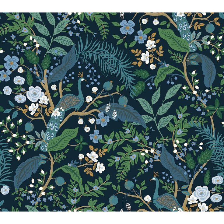 a blue and green floral wallpaper with birds, flowers, and leaves on it