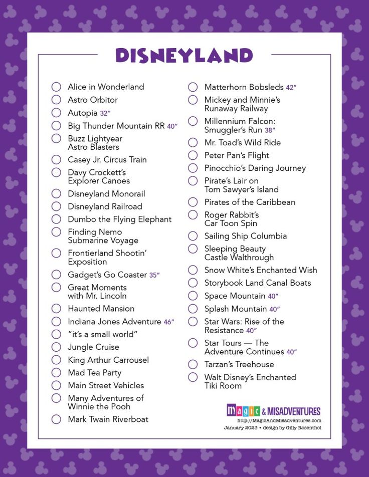 the disney land checklist is shown in purple and white with mickey mouse ears on it