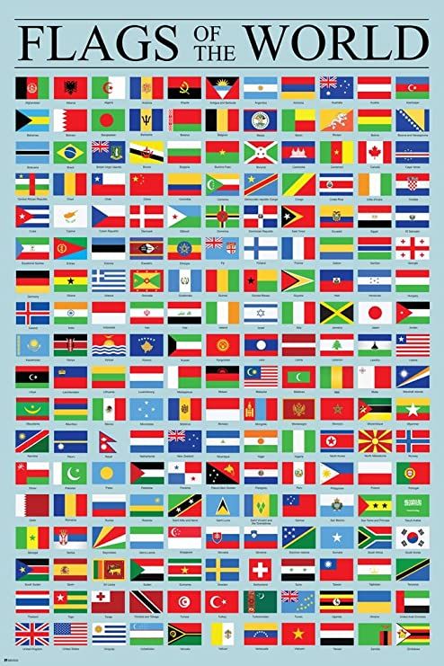 flags of the world on a blue background with white border and black writing in it