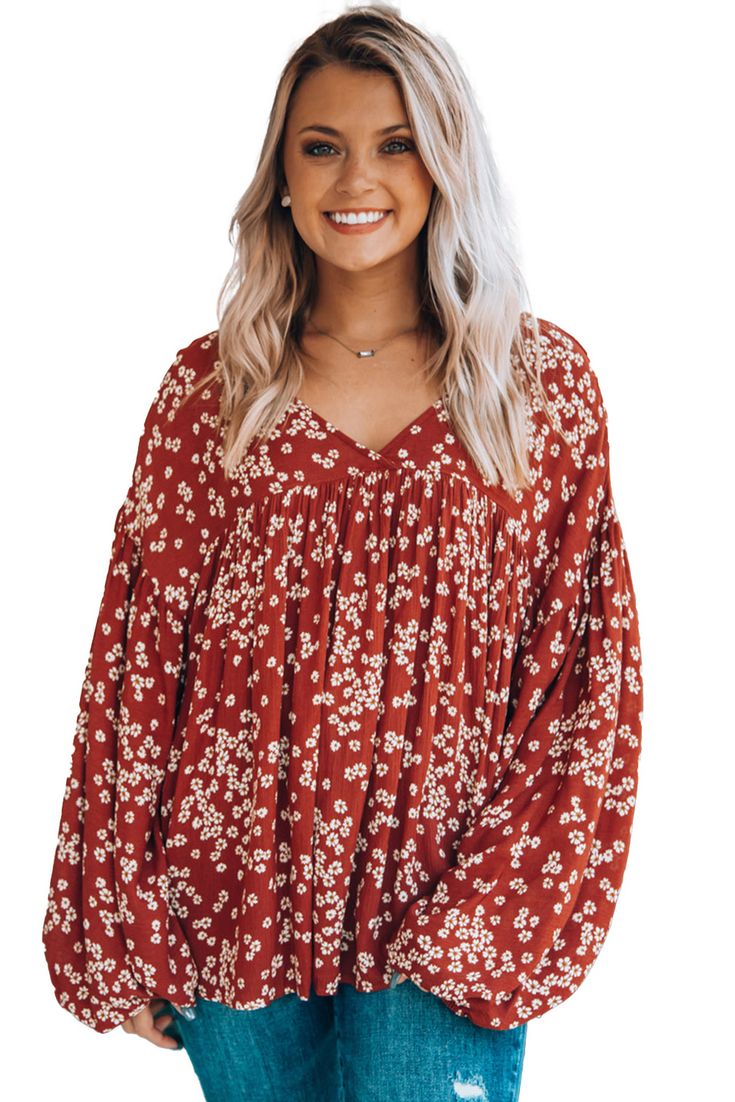 Floral Pattern Bubble Sleeve Loose Blouse Fall Beach V-neck Blouse, Flowy V-neck Blouse For Fall, Printed Blouse For Fall Vacation, Long Sleeve Blouse With Floral Print And Relaxed Fit, Flowy Blouse For Fall Vacation, Red Floral Print Blouse With Relaxed Fit, Relaxed Fit Red Blouse With Floral Print, Flowy Long Sleeve Printed Blouse, Red Long Sleeve Blouse For Vacation