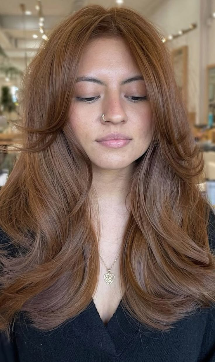 Darker Cowboy Copper Hair, Brunette Turned Redhead, Light Auburn Brown Hair Color, Copper Hair Without Bleach, Brown Hair Shag Haircut, Old Money Auburn Hair, Brown Copper Formulas, Brown Copper Balayage Caramel, Copper Glaze Hair