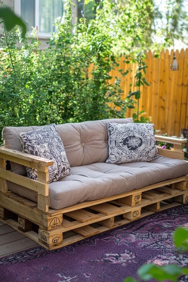 a couch made out of wooden pallets sitting on top of a purple area rug