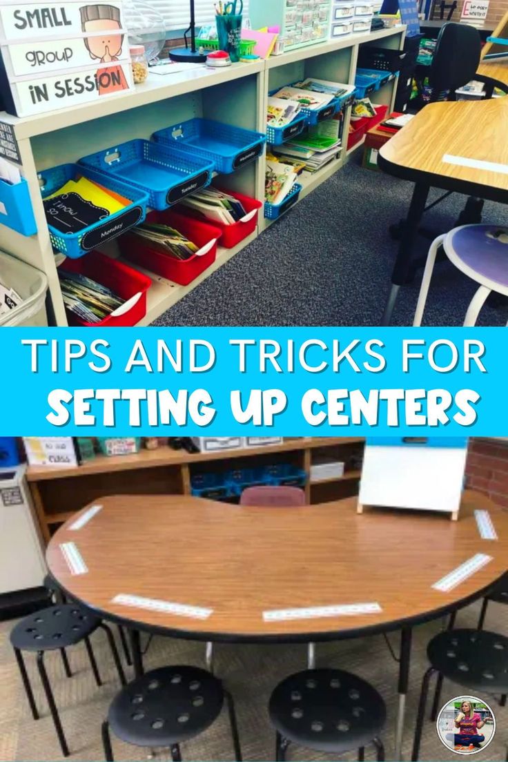 a classroom with desks and chairs that have the words tips and tricks for setting up centers