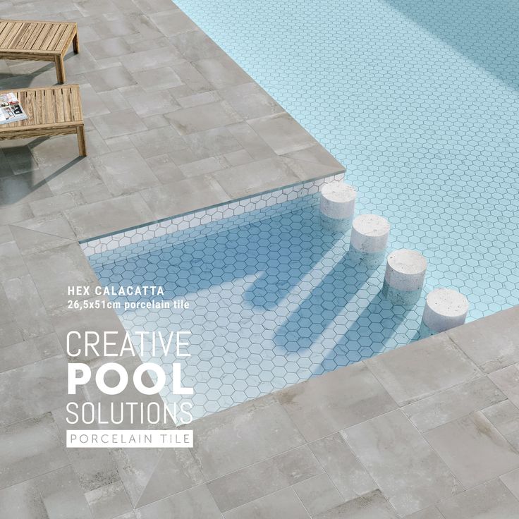 a pool with steps leading up to it and the words creative pool solutions written below