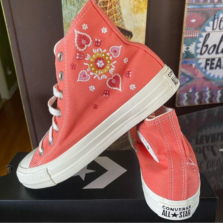 Nwt Converse High Top Sneakers Embroidered Detailing Pink Low-top Sneakers With Embroidered Logo, Pink Sneakers With Embroidered Logo And Round Toe, Pink Sneakers With Embroidered Logo, White Sole Sneakers With Embroidered Logo, Converse Low-top Canvas Shoes With Embroidered Logo, Casual Embroidered Slip-on Sneakers, Pink High-top Textile Sneakers, High-top Textile Sneakers With Embroidered Logo, Spring Sneakers With Embroidered Round Toe