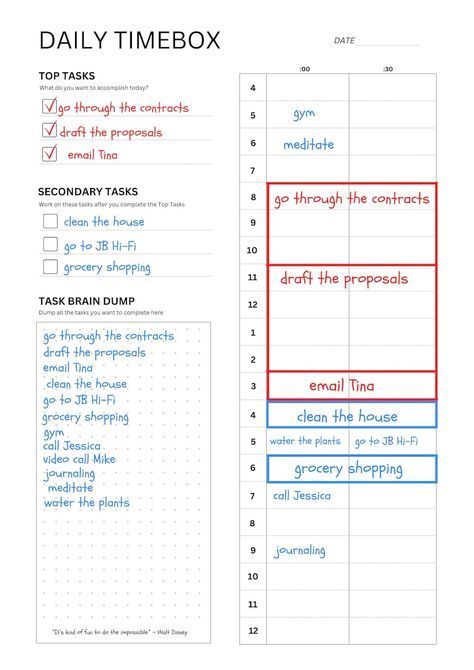 the daily timesheet is shown with red and blue lines on it, along with other tasks