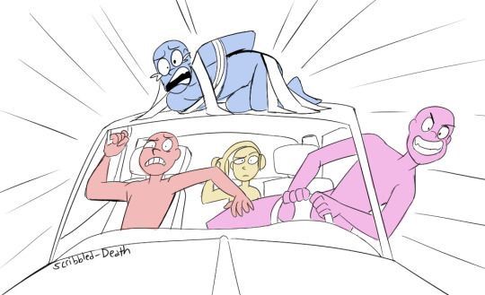 three cartoon characters are riding in a car