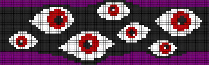 a cross stitch pattern with red and white eyeballs on purple background, in the style of pixel art