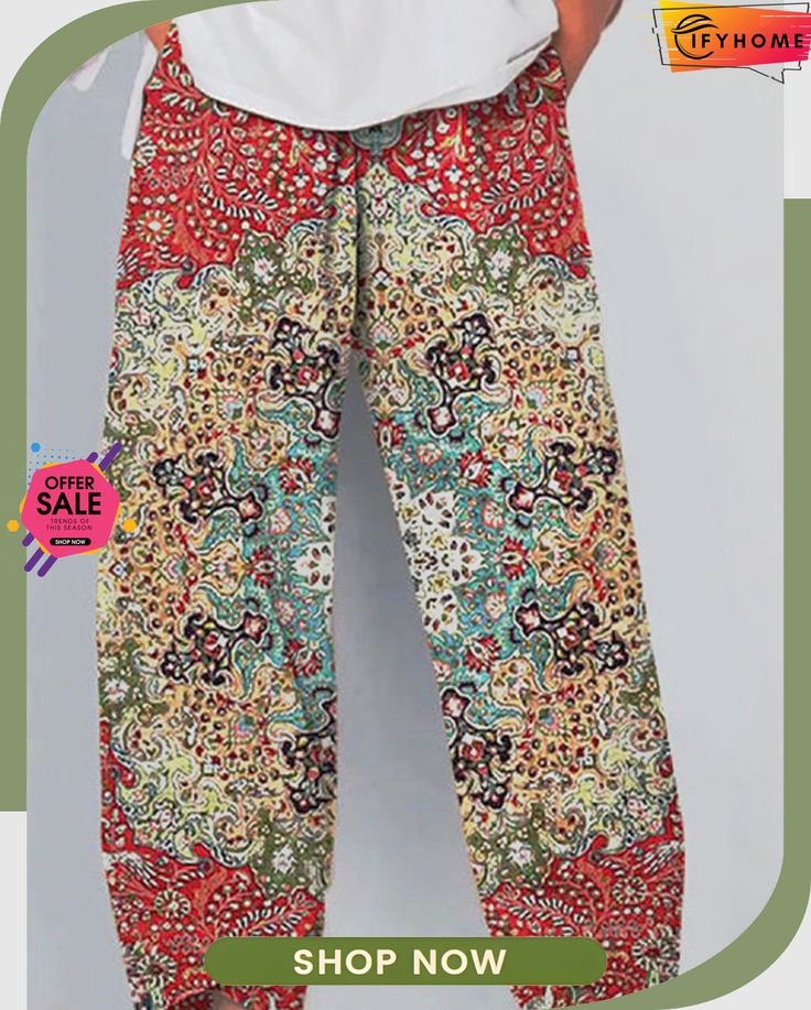 Ethnic Casual Casual Pants Casual Boho Print Bottoms For Beach, Multicolor Boho Print Beach Bottoms, Casual Pants With Colorful Pattern For Spring, Casual Spring Pants With Colorful Pattern, Spring Casual Bottoms With Pattern Prints, Casual Colorful Patterned Pants For Spring, Casual Patterned Beach Pants, Casual Spring Bottoms With Pattern Prints, Casual Colorful Pattern Pants For Spring