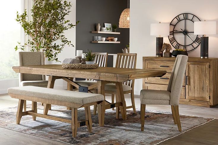 a dining room table and chairs with a clock on the wall in the back ground