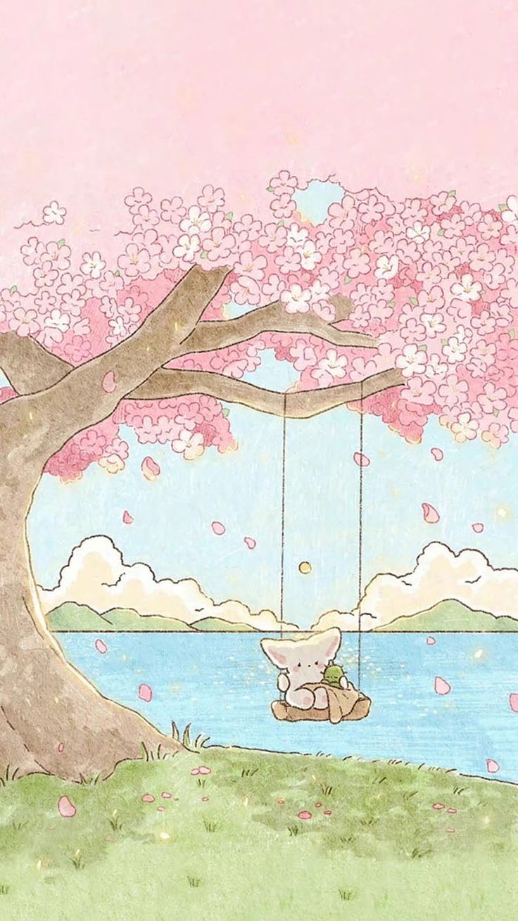 a drawing of a teddy bear sitting on a swing in front of a cherry blossom tree