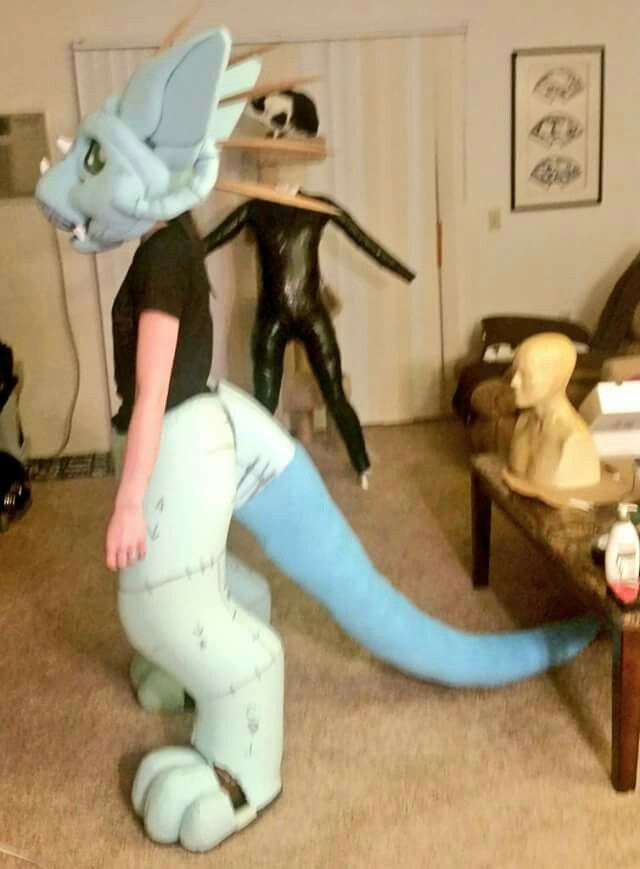 a person in an animal costume standing next to a cat