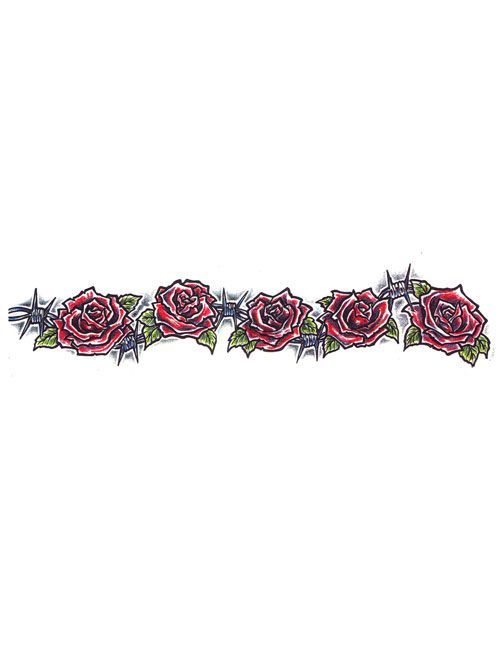 three red roses with green leaves and barbed wire on the side of a white wall