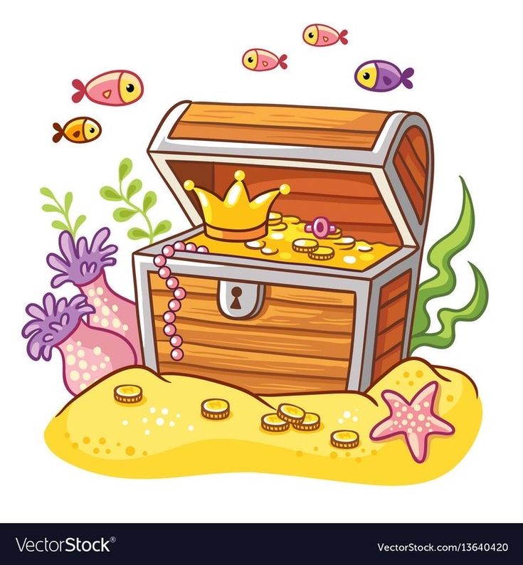 an open wooden chest with gold coins and fish on the bottom, under seaweed