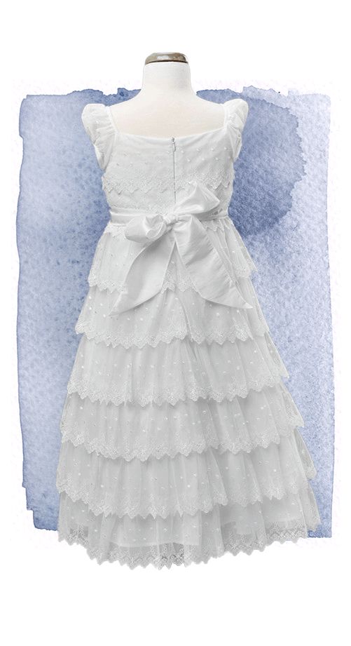 Lace-Frosting-5377IC-B Fitted Tulle First Communion Dress With Ruffles, White Baptism Dress With Lace Bodice For Dress-up, First Communion Spring Dress With Lace Trim, Fitted Tiered Lace Dress With Lace Trim, Lace Dress With Lace Trim For First Communion, Lace First Communion Dress With Fitted Bodice, Fitted Tiered Lace Dress With Scalloped Lace, Fitted Tiered Scallop Lace Dress, White Sleeveless First Communion Dress With Ruffles