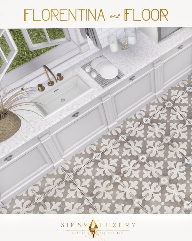 the bathroom is decorated in white and grey colors with gold accents on the tile floor