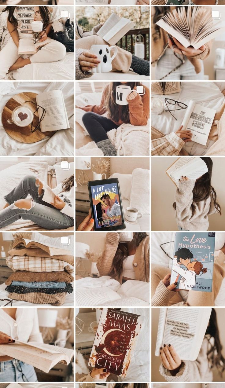 a collage of photos showing people reading books and using their cell phones to take pictures