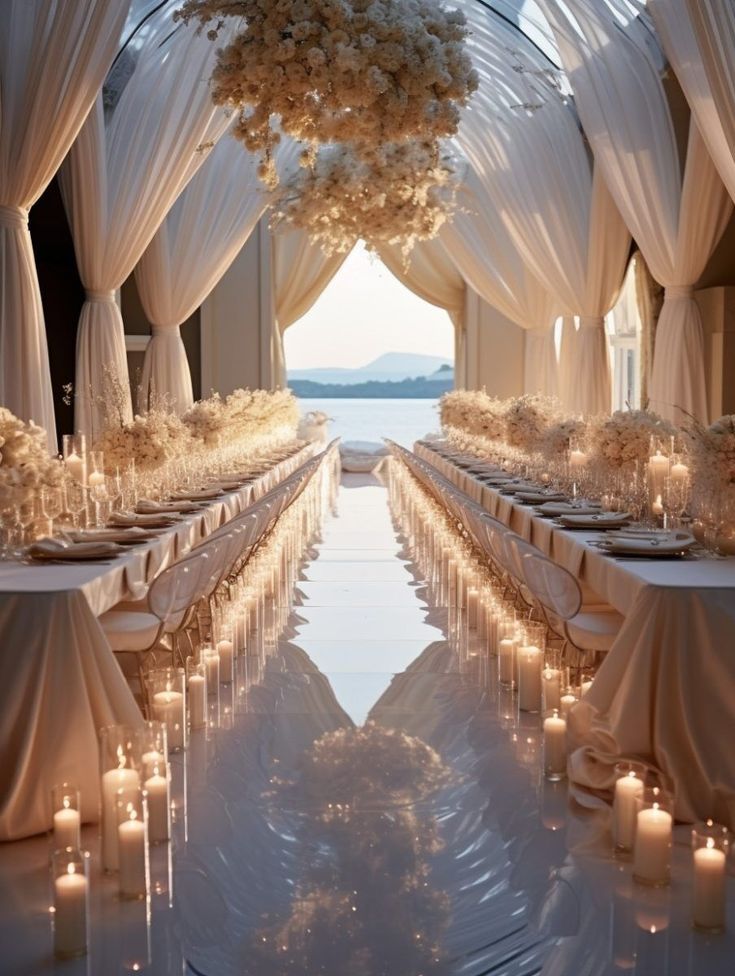 an elegant wedding setup with white flowers and candles on the tables in front of it