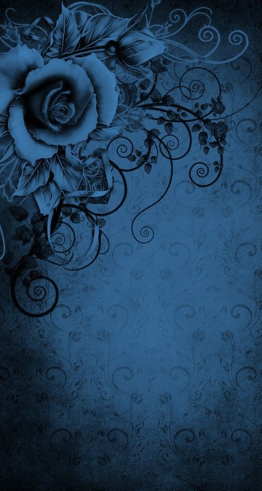 a blue background with a rose and swirls