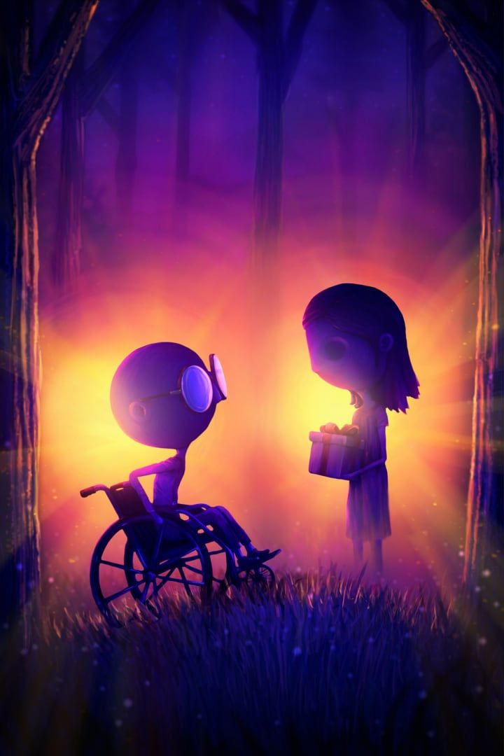 two cartoon characters are standing in the dark woods, one is holding a box and the other is looking at something