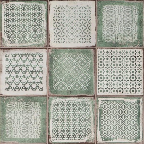 green and white tiles with different designs on the sides, all arranged in square shapes