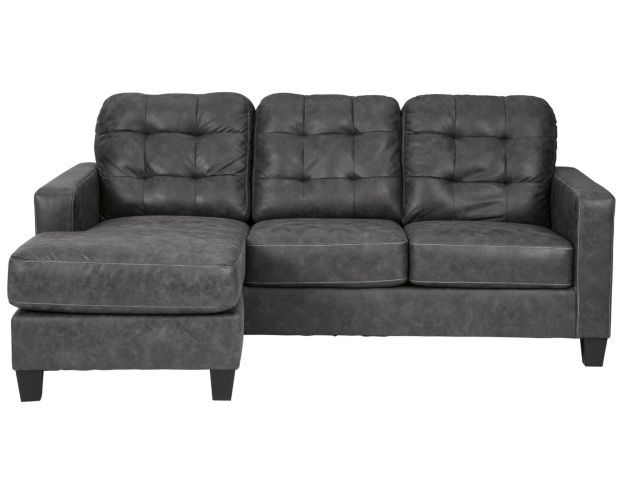 a gray couch and footstool sitting next to each other on a white background