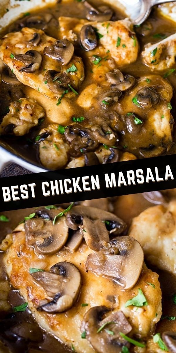 chicken marsala with mushrooms and gravy in a skillet