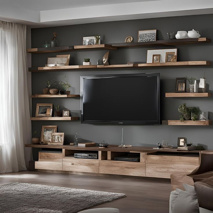 a living room with a large tv and shelves on the wall, along with a couch