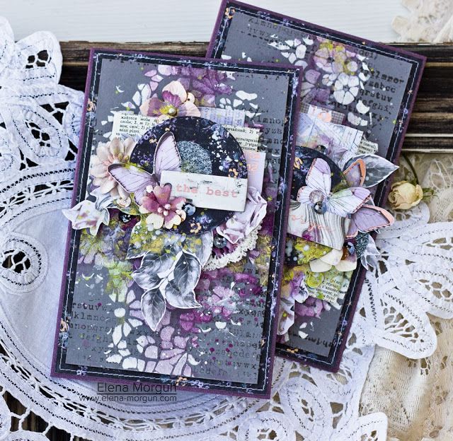 two cards with flowers on them sitting on a doily next to lace and crochet