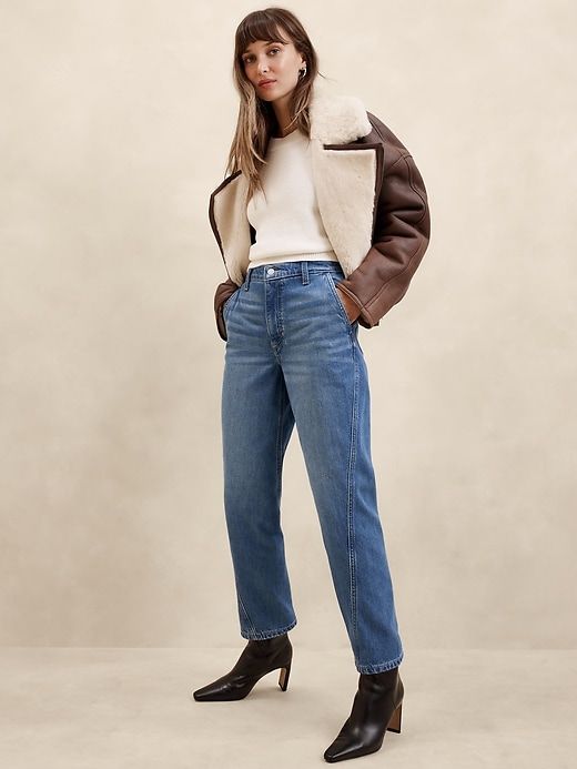 Luxe High-Rise Barrel Jean | Banana Republic Factory Dark Wash Winter Jeans, Winter Dark Wash Jeans, Medium Wash Winter Bottoms For Everyday Wear, Everyday Winter Medium Wash Bottoms, Everyday Winter Bottoms In Medium Wash, Medium Wash Recycled Denim Jeans For Fall, Versatile Medium Wash Jeans For Fall, Winter Denim Bottoms For Everyday Wear, Classic Winter Jeans For Everyday