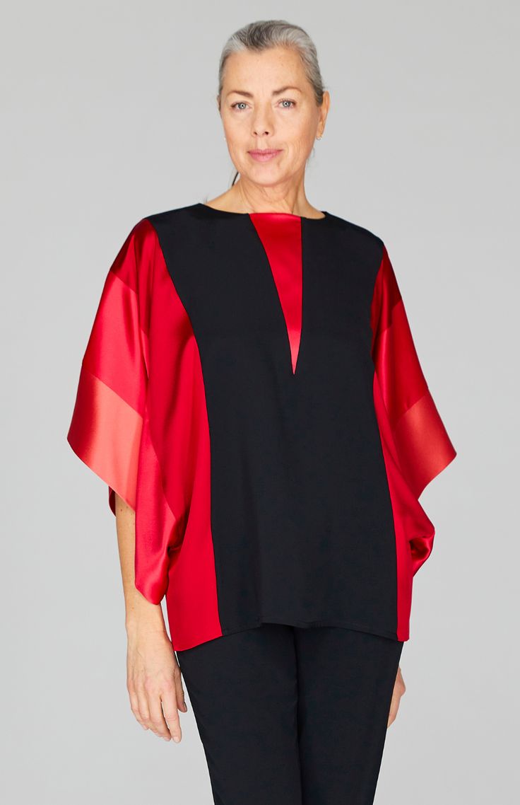 Our signature kimono inspired silk tunic, updated with a V inset for even more vibrant color. An effortless statement piece. Elegant Silk Tunic Top, Chic Silk Tops With Kimono Sleeves, Cord Set, Western Tops, Silk Tunic, Batik Dress, Satin Color, 2023 Collection, Silk Pants