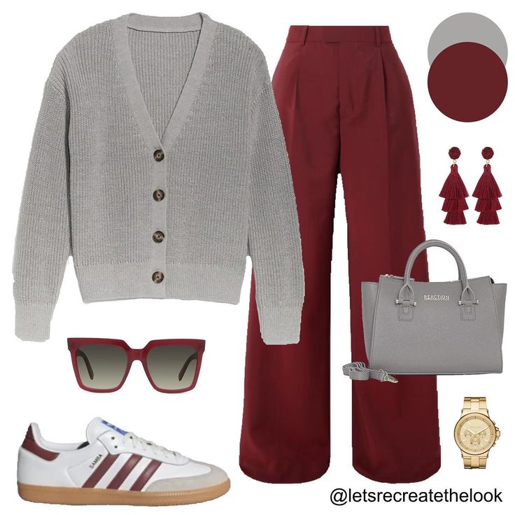 Burgundy Trousers - 10 Outfit Ideas 🐙 Here are 10 more colors that pair well with burgundy! Which is your favorite? As fall approaches it’s time to break out our sweaters. Instead of just pairing them with jeans, here’s a reminder that wide leg trousers are a more elevated option but just as comfortable! So for an elevated casual look, try pairing your sweaters with your trousers! You can still wear your sneakers with them! 😉 So save this post for style inspiration and look in your closet to... Styling Burgundy Pants, What To Wear With Red Shoes, Burgundy Pants Outfit Women, Dark Red Pants Outfit, Burgundy Trousers Outfit, Pleated Trousers Outfit, Burgundy Tennis Shoes, Wide Leg Pants Outfit Casual, Wide Jeans Outfit