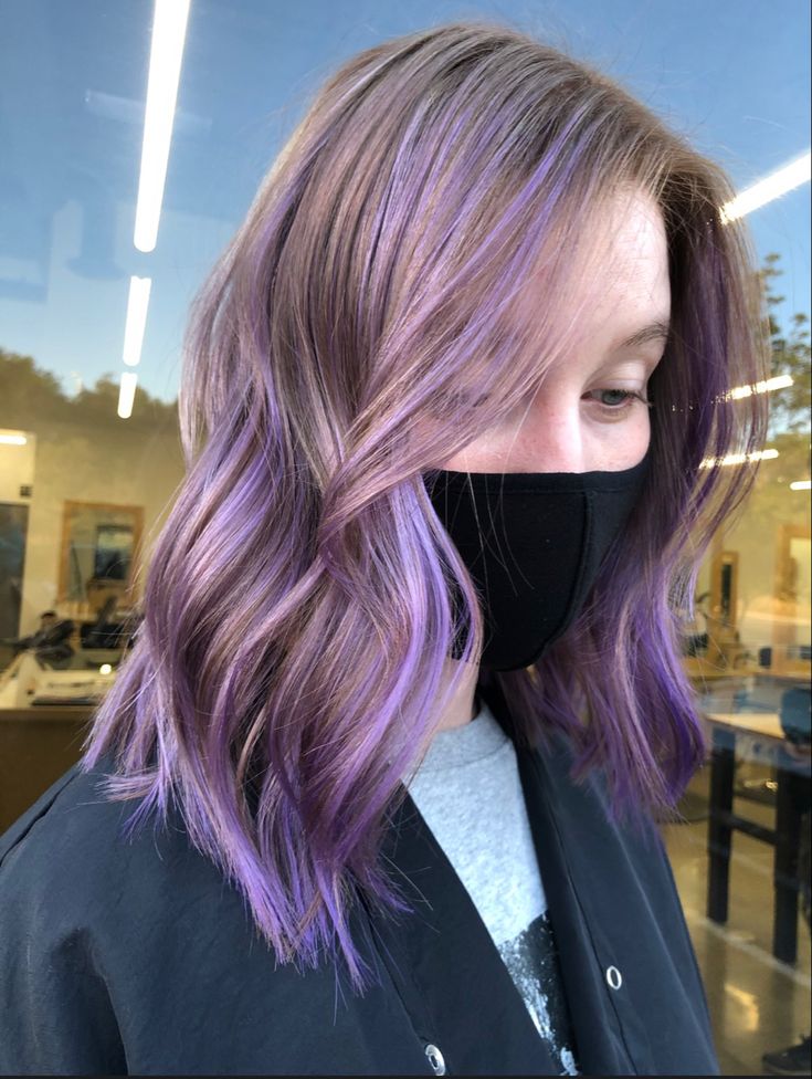 Blond Lavender Hair, Dark Blonde Purple Hair, Lavender Color Block Hair, Dyed Hair For Dirty Blonde, Purple Hair On Blonde, Dirty Blonde Hair With Purple Highlights, Purple Balayage Blonde, Brown Hair With Purple Tips, Purple Hair Highlights Blonde