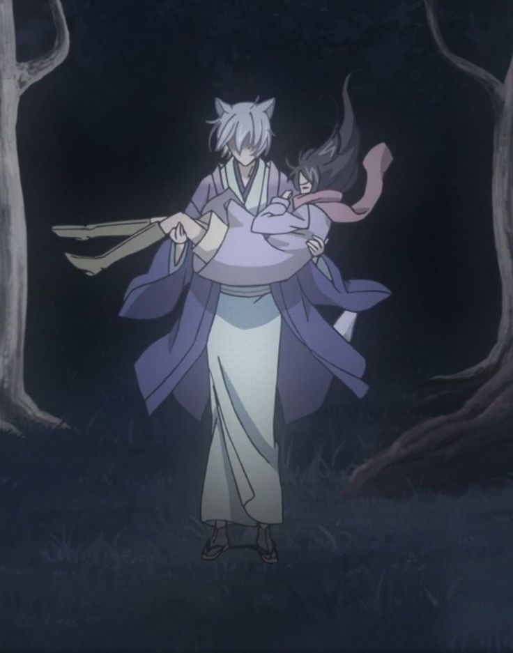 an anime character in the woods holding onto another character