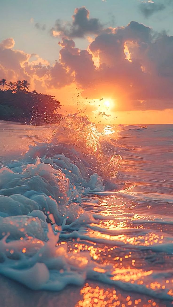 the sun is setting over the ocean with waves crashing on the shore and palm trees in the background