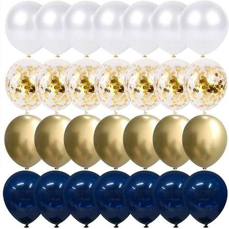 gold, white and blue balloons are arranged in rows