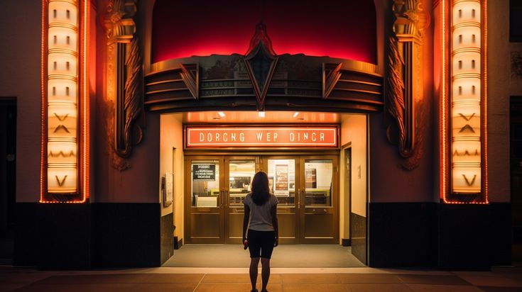 a woman standing in front of a theater entrance at night with lights on the doors