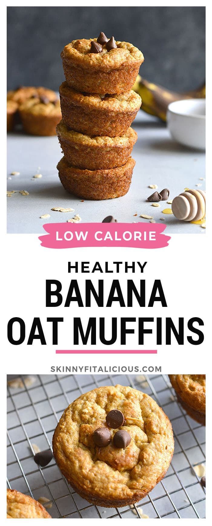 low calorie healthy banana oat muffins with chocolate chips on top